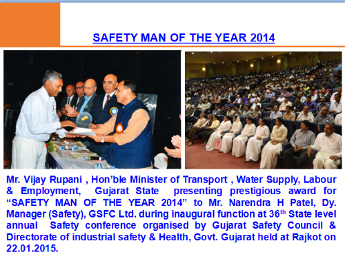 NEWS for State level Gujarat safety council & DISH held @ Rajkot - " Safety man of the Year - BK Narendrabhai - Mangalwadi Baroda Center
